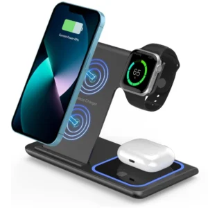 Estación de Carga Inalámbrica Rápida LED 3 en 1 - Soporte Plegable para iPhone, Apple Watch y AirPods