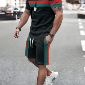 Traje de verano para hombre, nueva línea, estampado, sencillo, deportivo, empalme, tendencia, camiseta, holgado, casual, traje, manga corta, pantalones cortos, traje de verano para hombre