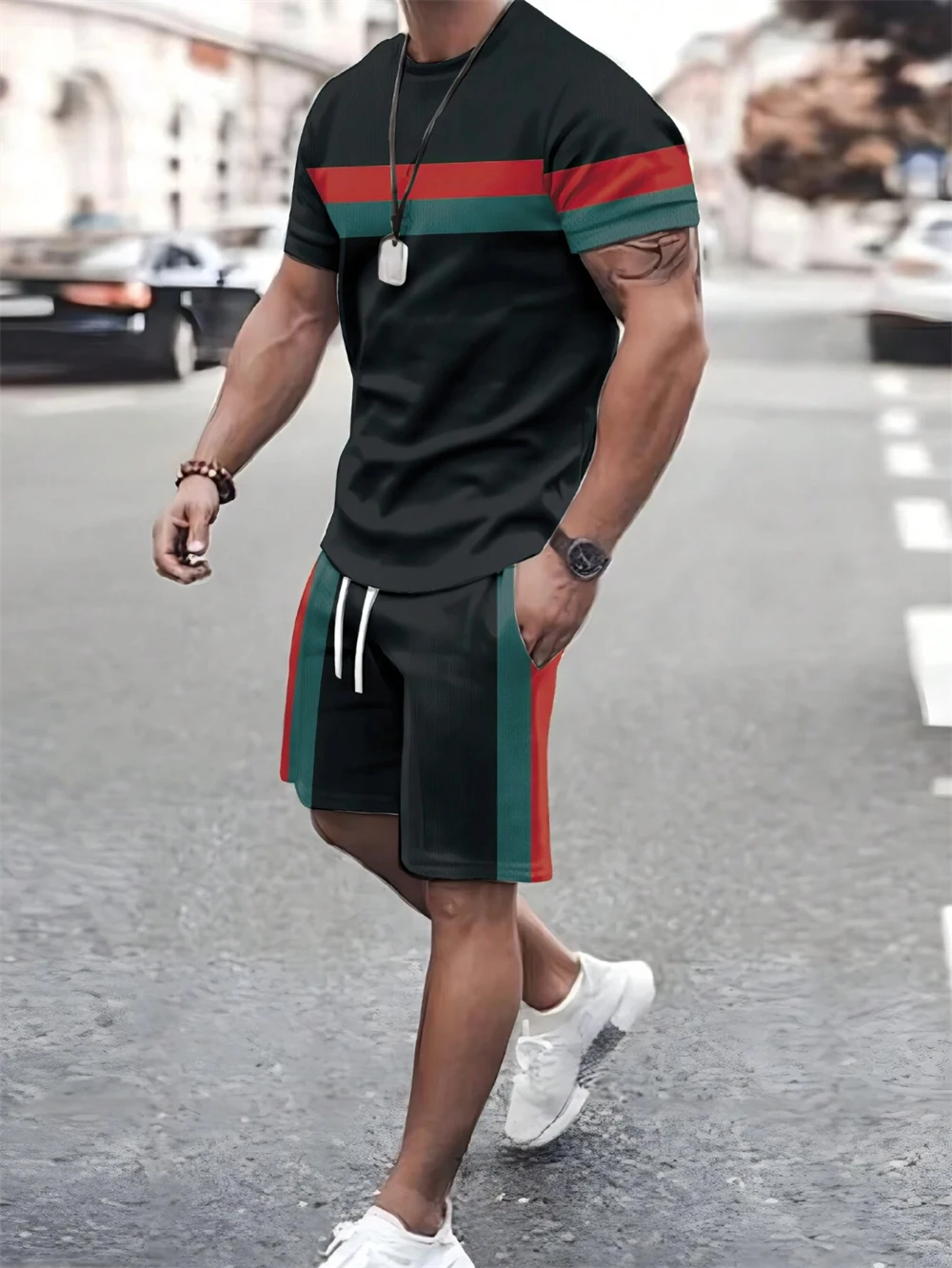 Traje de verano para hombre, nueva línea, estampado, sencillo, deportivo, empalme, tendencia, camiseta, holgado, casual, traje, manga corta, pantalones cortos, traje de verano para hombre