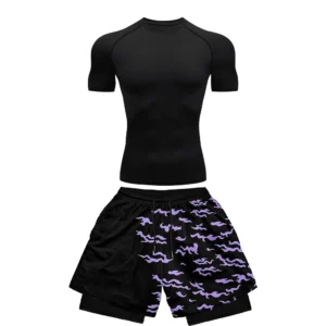 Conjunto deportivo de compresión de anime de 2 piezas para hombre, camiseta de compresión gótica de secado rápido + pantalones cortos de gimnasio Harajuku 2 en 1. Verano